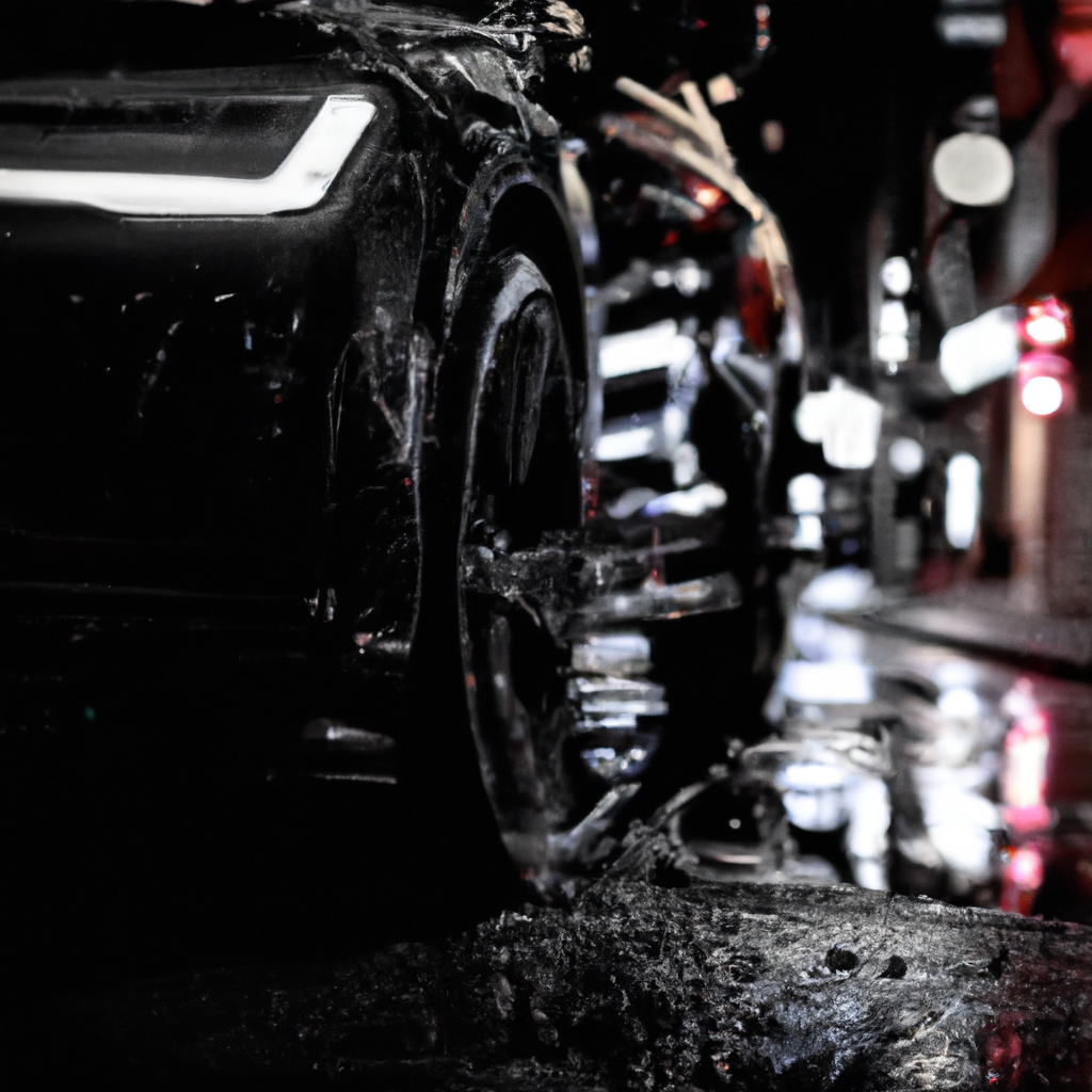 Glossy black SUV in Toronto with ceramic coating water beading under city lights