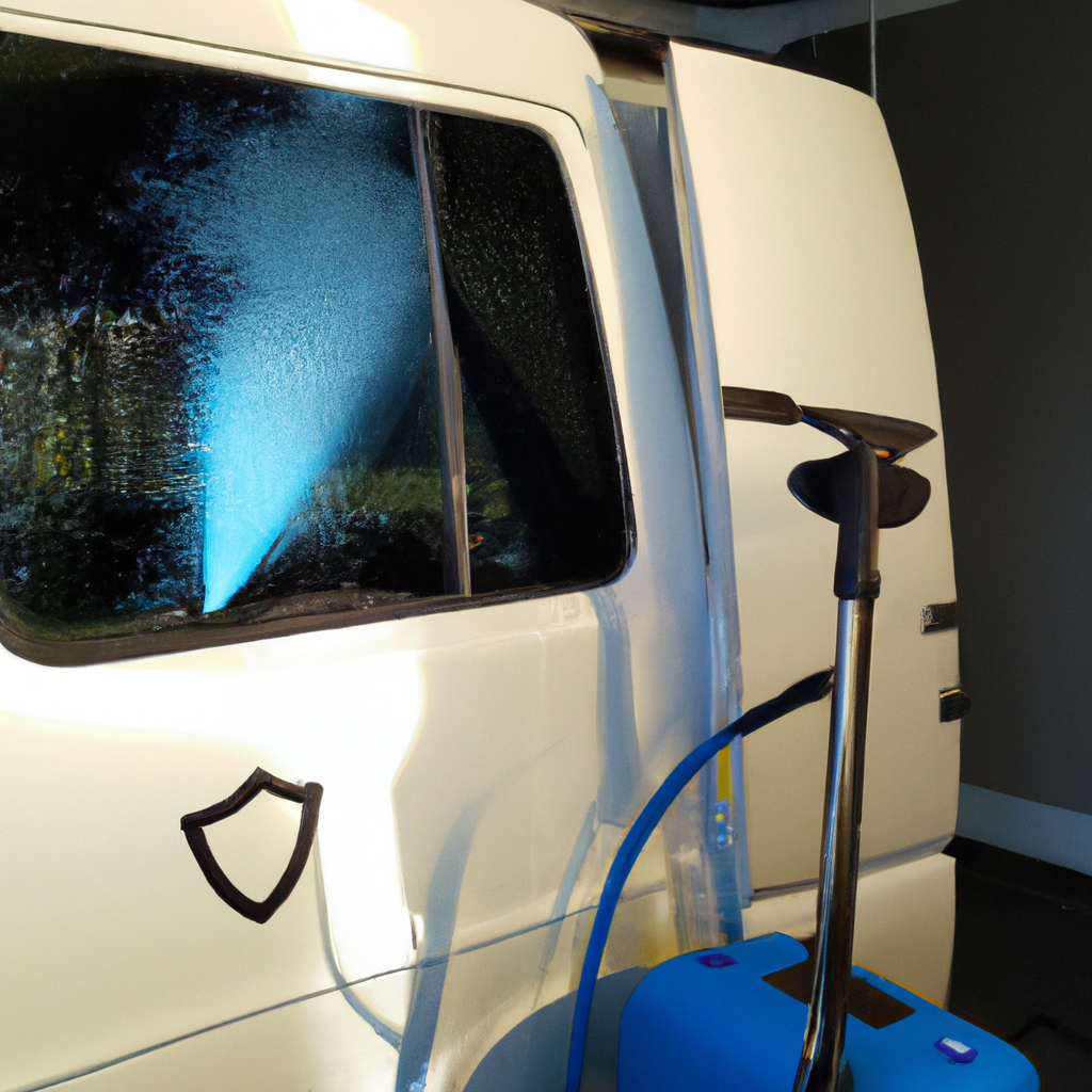 Mobile detailing van in Vancouver rain with maple leaf branding and steam cleaning equipment