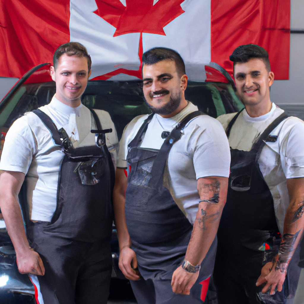 Team of auto detailers in minimalist uniforms smiling in a bay with a Canadian flag in the background, ultra detailed