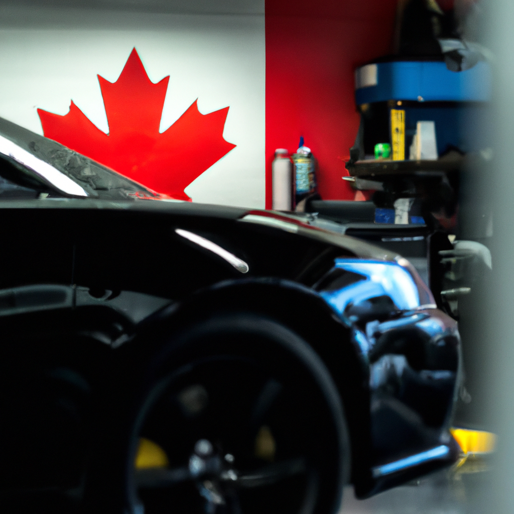Polished black sedan in a Canadian detailing bay with maple leaf reflection on the hood, high contrast and ultra-sharp quality